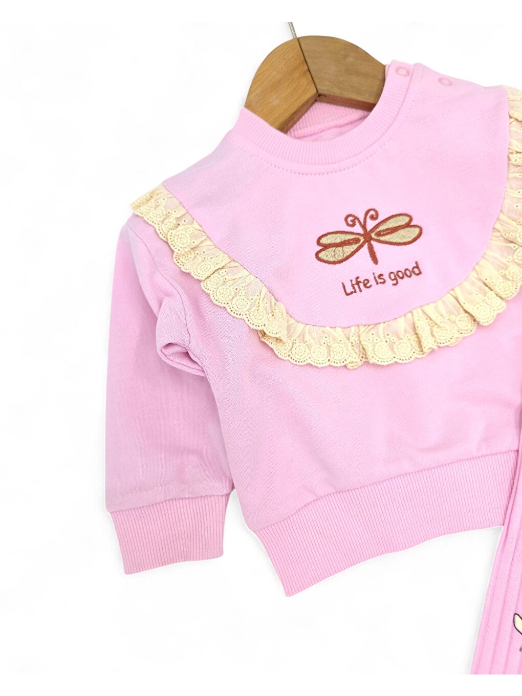 Pembe Kız Bebek Kelebek Nakışlı, Fitilli Taytlı, Fırfır Detaylı 6-9-12-18-24 Ay Bebek Takımı-2