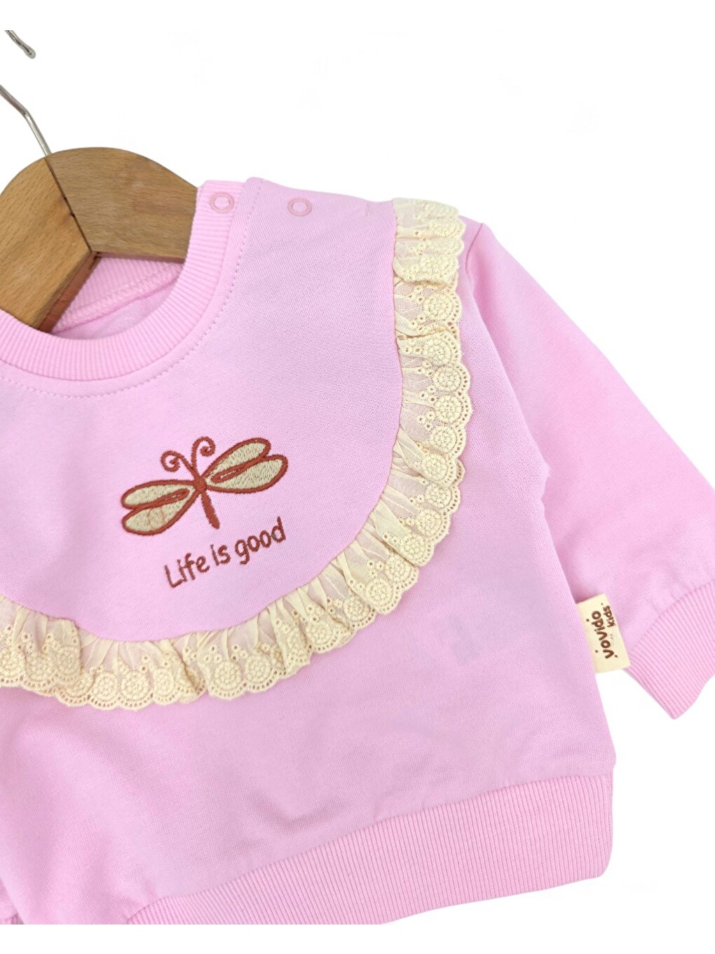 Pembe Kız Bebek Kelebek Nakışlı, Fitilli Taytlı, Fırfır Detaylı 6-9-12-18-24 Ay Bebek Takımı-3