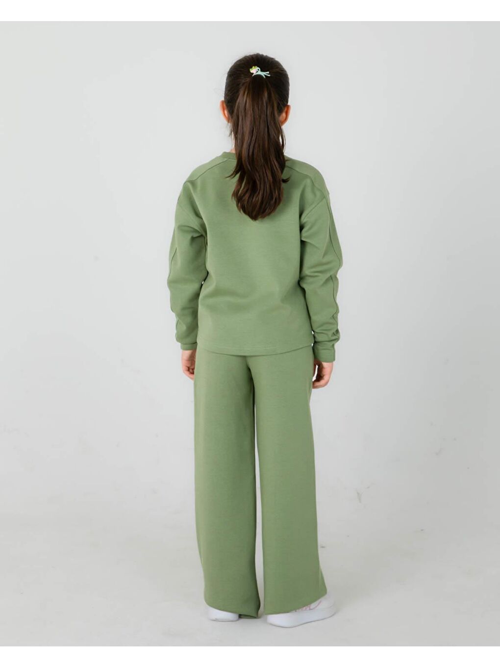 Haki Bisiklet Yaka Geniş Paça Ayarlanabilir Lastikli Bel Kız Çocuk Eşofman Takımı-3