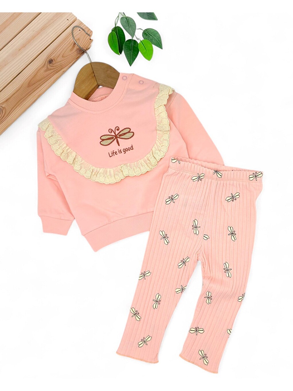 Pembe Kız Bebek Kelebek Nakışlı, Fitilli Taytlı, Fırfır Detaylı 6-9-12-18-24 Ay Bebek Takımı-1