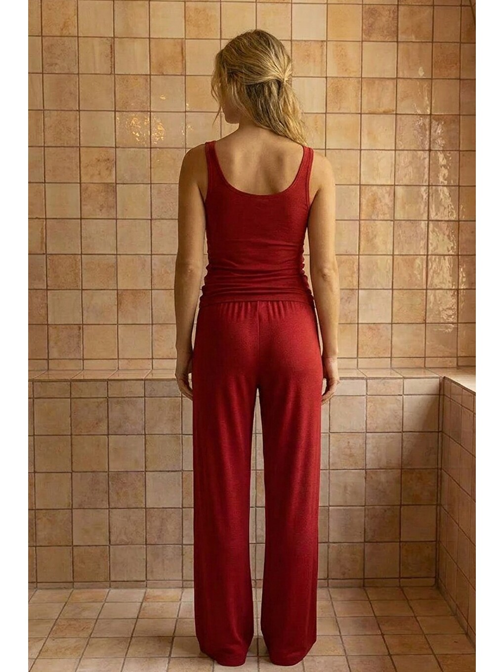 Kırmızı Geniş Askılı Viskon Örme Pijama Takım 8012-2