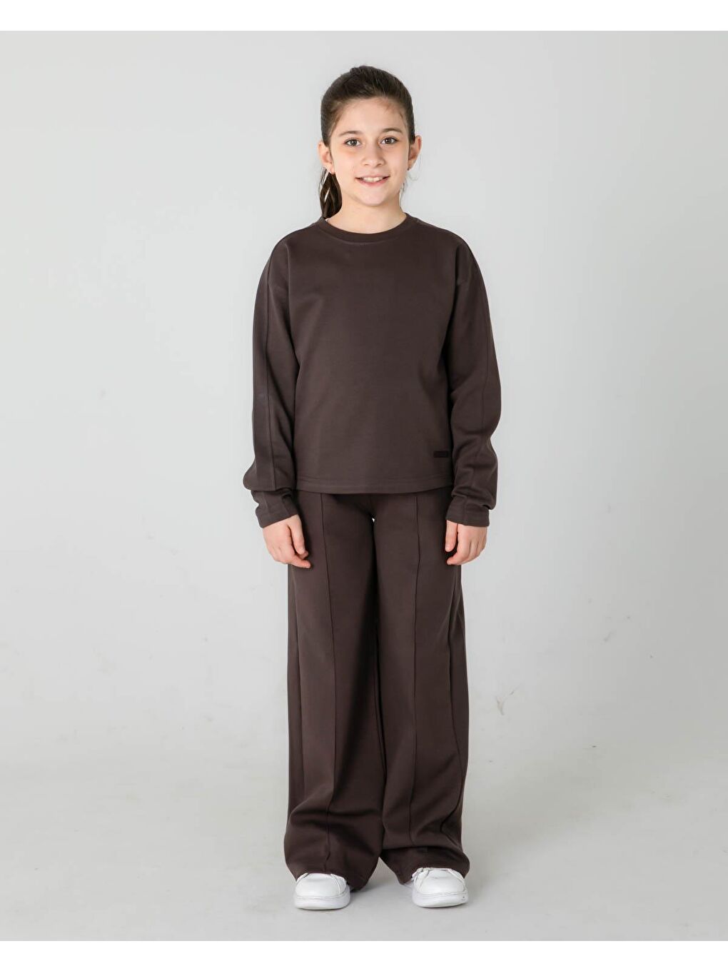 Kahverengi Bisiklet Yaka Geniş Paça Ayarlanabilir Lastikli Bel Kız Çocuk Eşofman Takımı