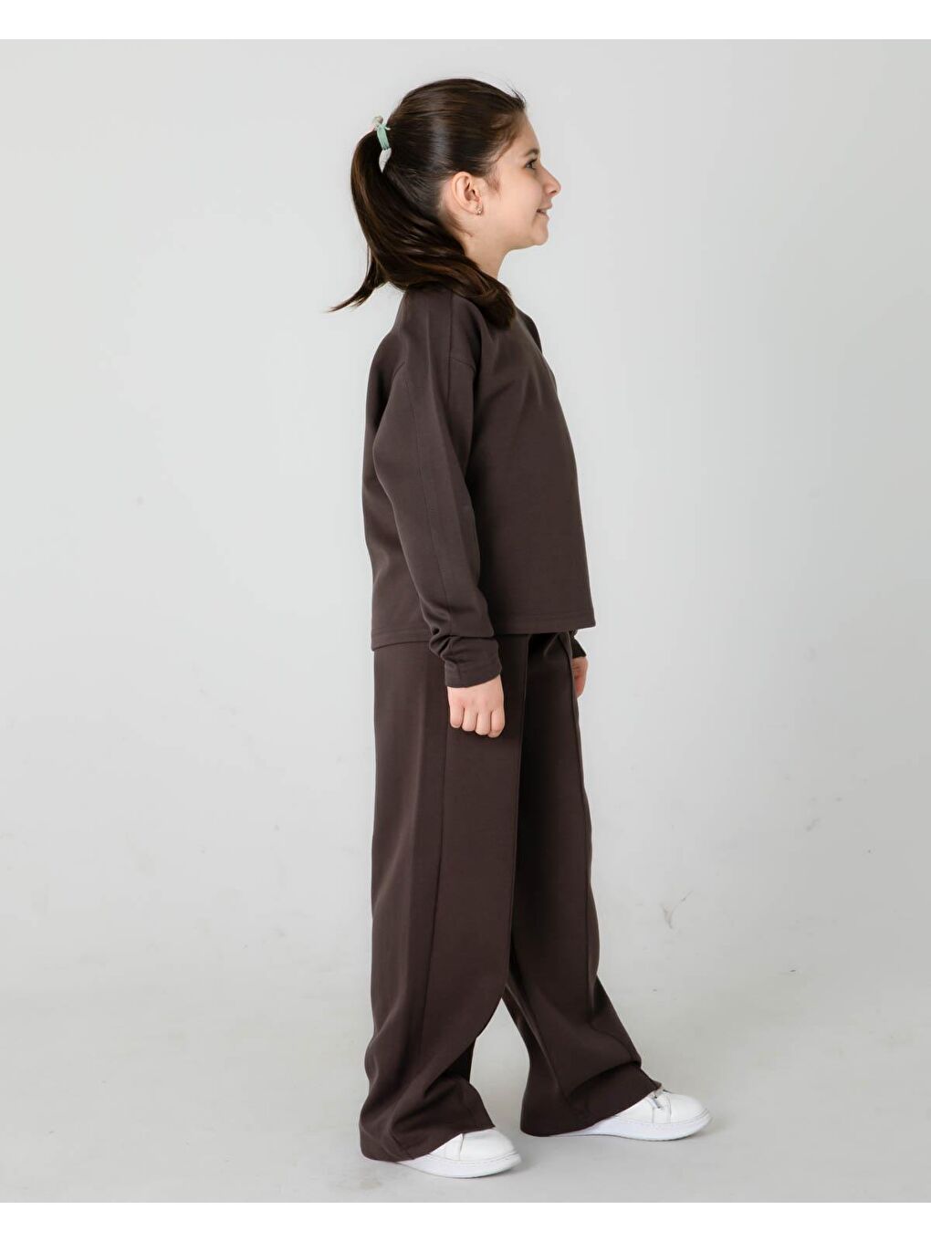 Kahverengi Bisiklet Yaka Geniş Paça Ayarlanabilir Lastikli Bel Kız Çocuk Eşofman Takımı-1