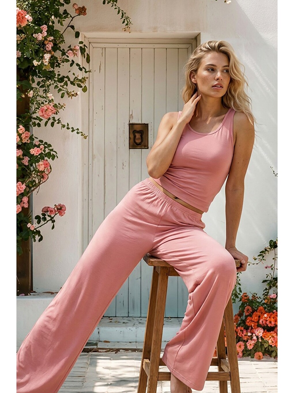 Karışık Geniş Askılı Viskon Örme Pijama Takım 8012
