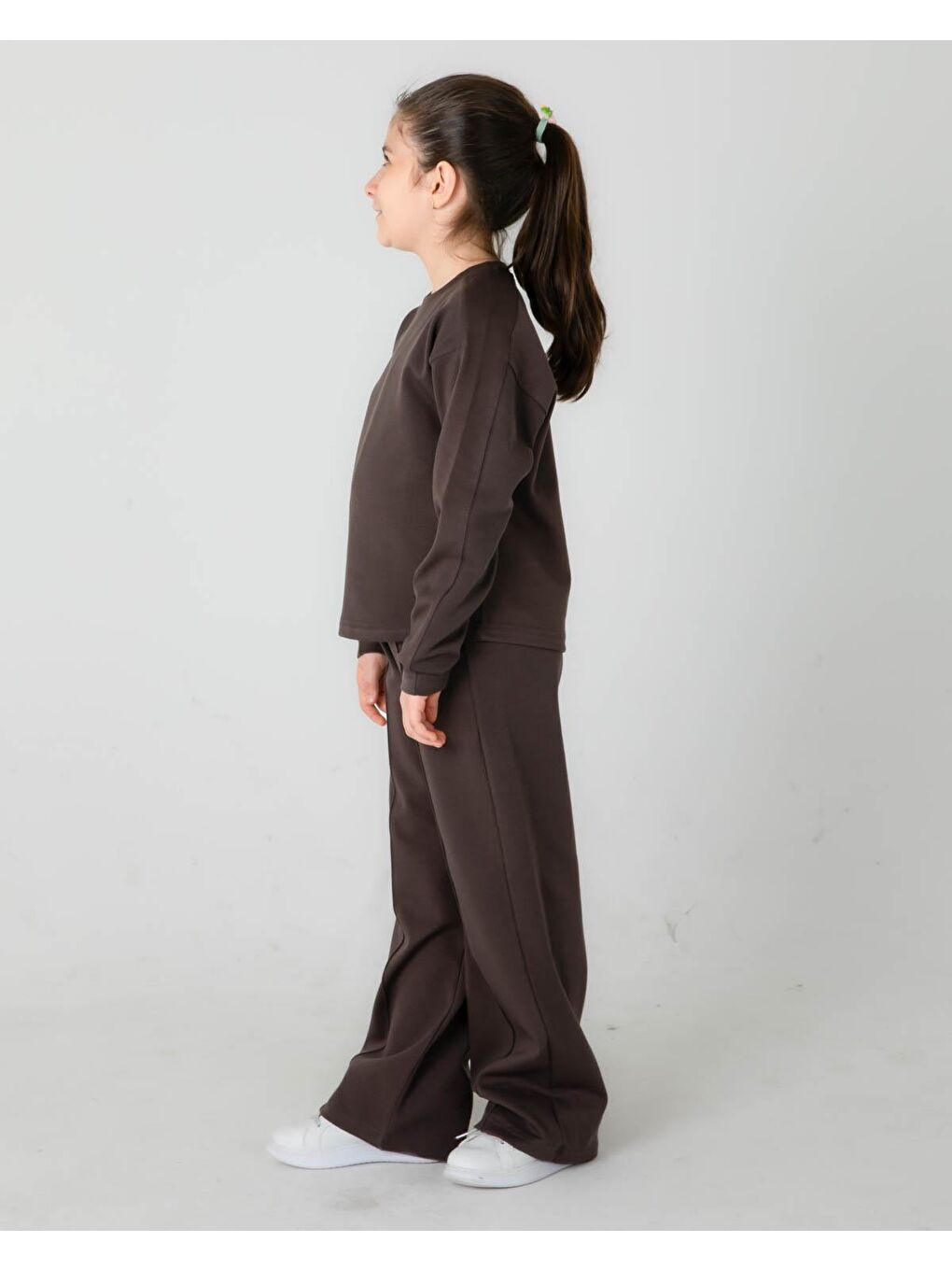 Kahverengi Bisiklet Yaka Geniş Paça Ayarlanabilir Lastikli Bel Kız Çocuk Eşofman Takımı-2