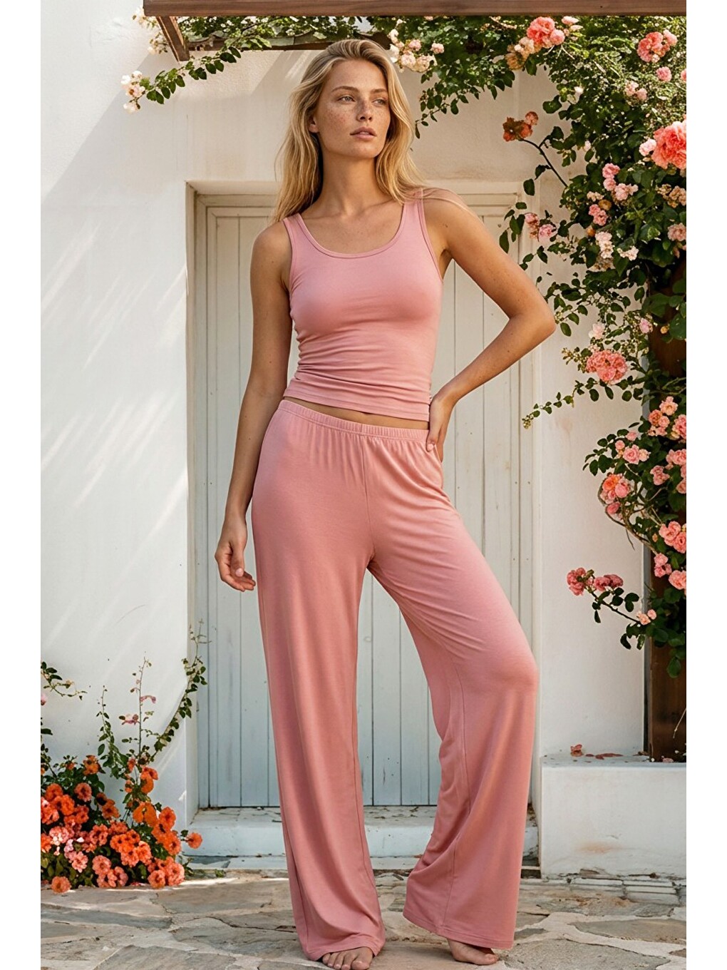 Karışık Geniş Askılı Viskon Örme Pijama Takım 8012-1
