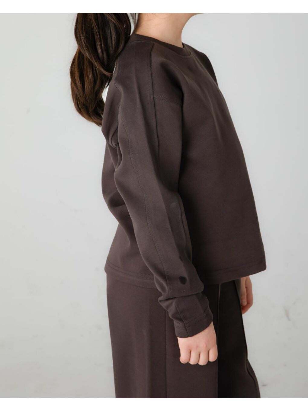 Kahverengi Bisiklet Yaka Geniş Paça Ayarlanabilir Lastikli Bel Kız Çocuk Eşofman Takımı-4