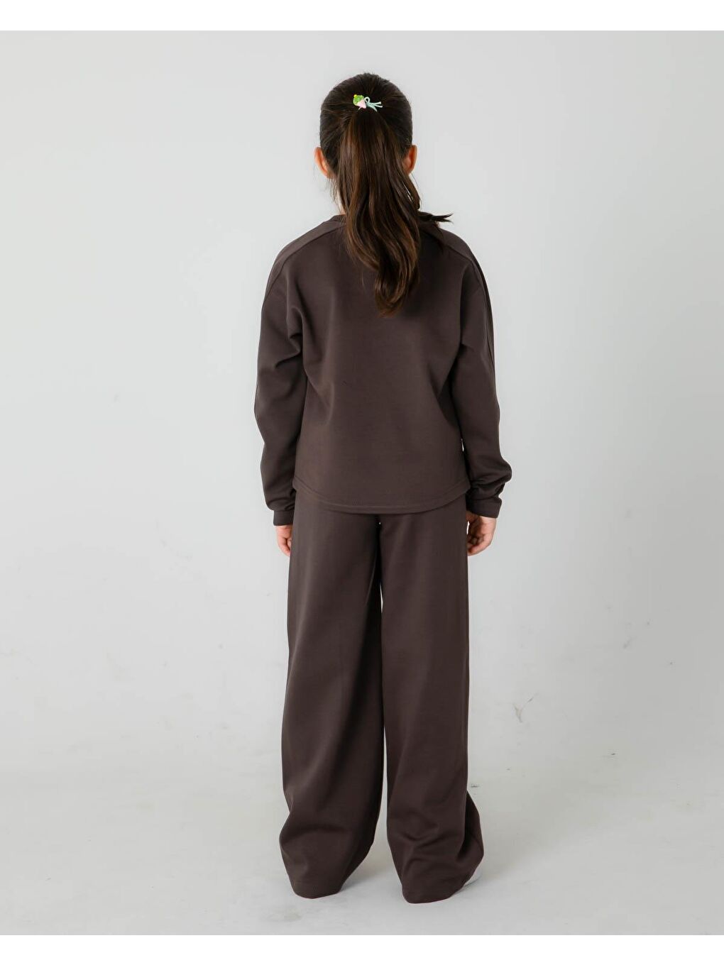 Kahverengi Bisiklet Yaka Geniş Paça Ayarlanabilir Lastikli Bel Kız Çocuk Eşofman Takımı-5