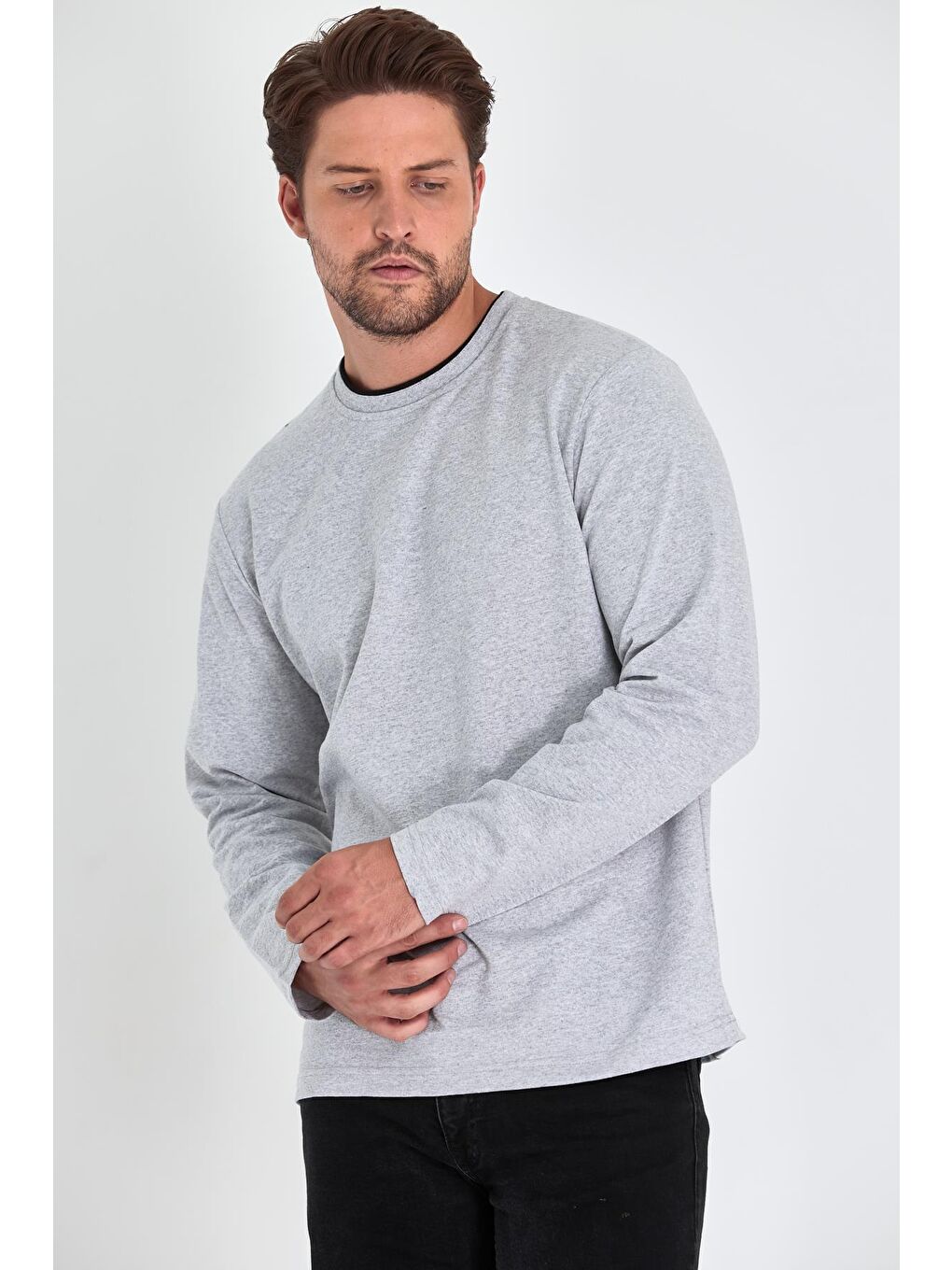 MMETALIC Gri Erkek Gri Çift Bisiklet Yaka Standart Rahat Kesim Sweatshirt - 4