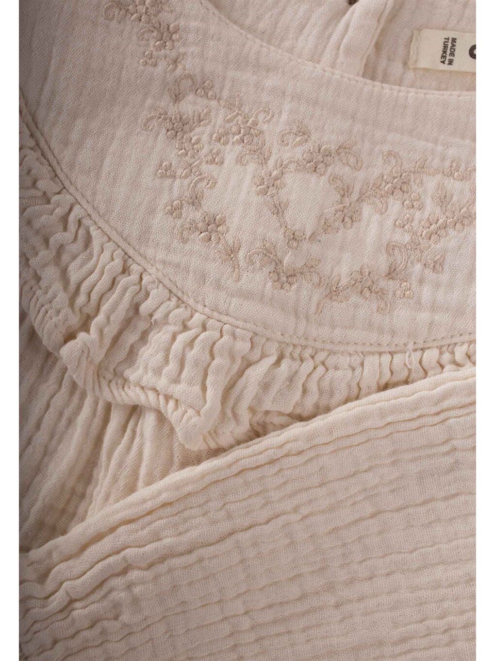 Ekru Kız Çocuk Nakışlı Müslin Elbise-2