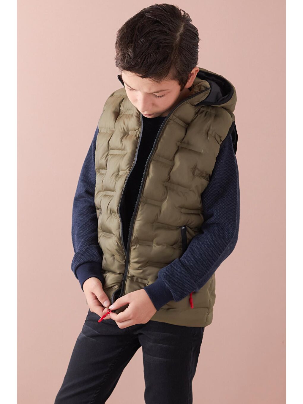 Haki Erkek Çocuk Desenli Kapüşonlu Şişme Yelek 14582-1