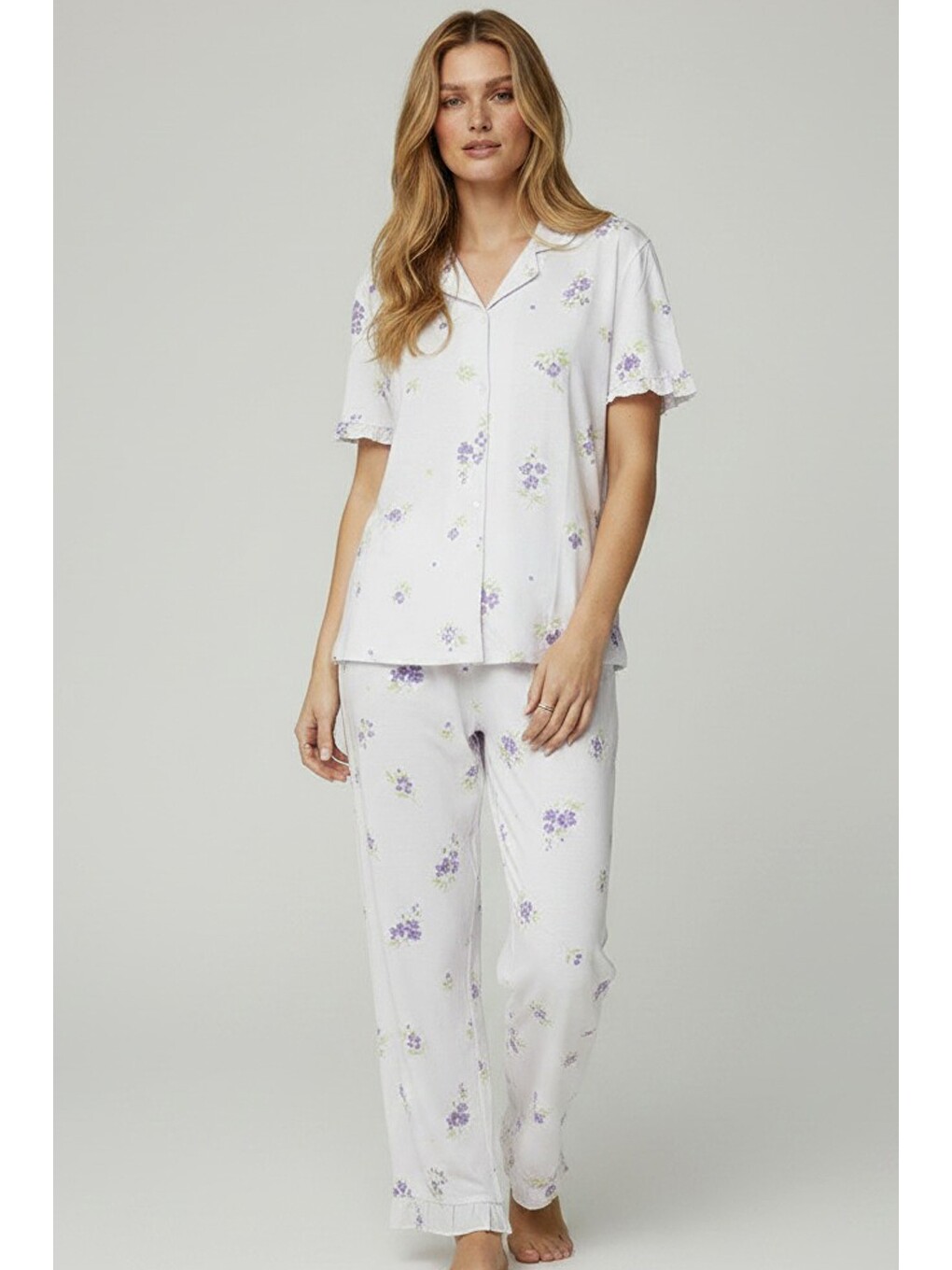 Karışık Fırfırlı Düğmeli Pamuklu Örme Pijama Takımı 8035-1