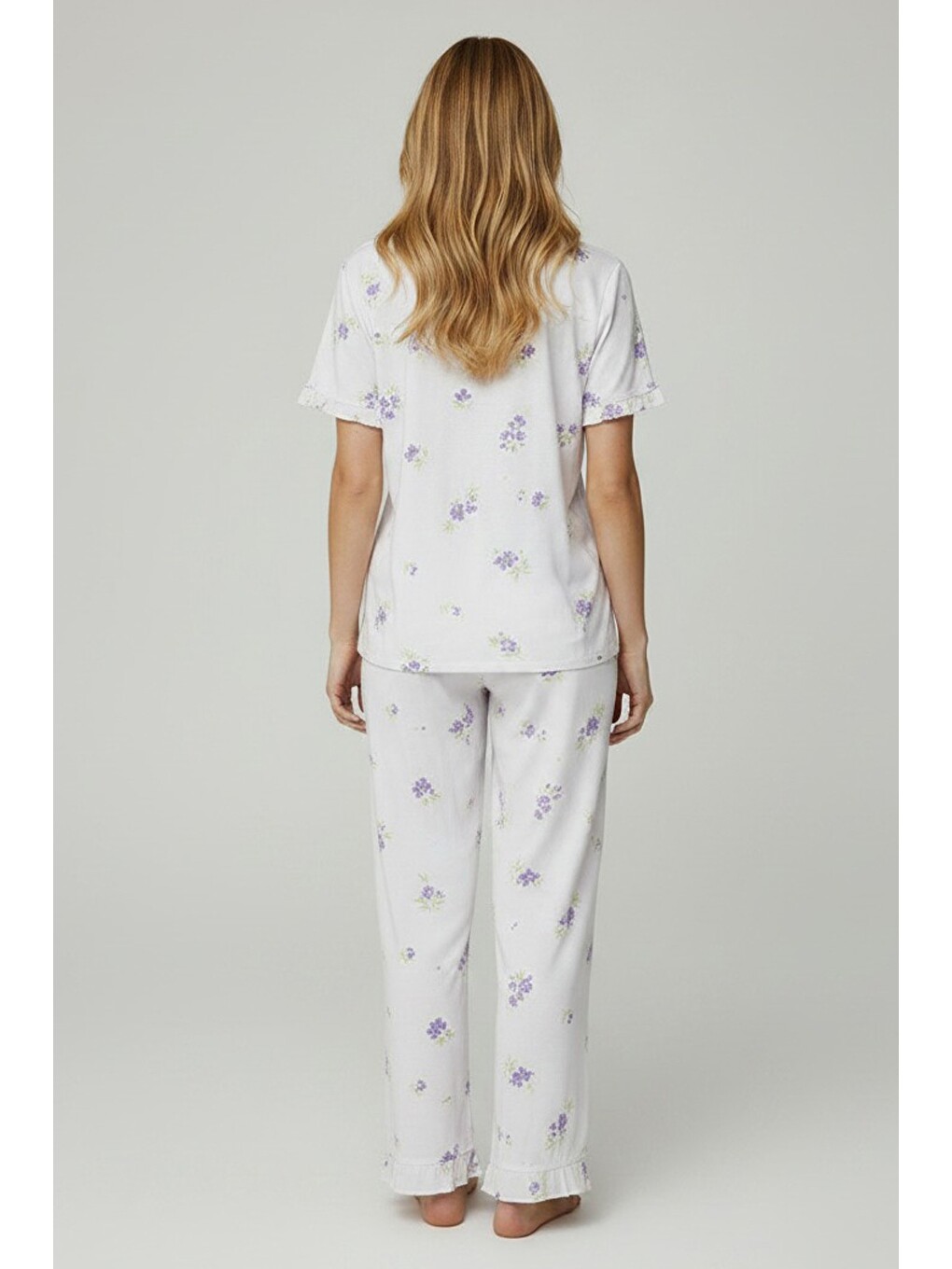 Karışık Fırfırlı Düğmeli Pamuklu Örme Pijama Takımı 8035-2