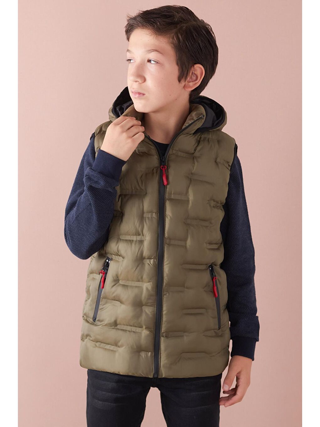 Haki Erkek Çocuk Desenli Kapüşonlu Şişme Yelek 14582-2