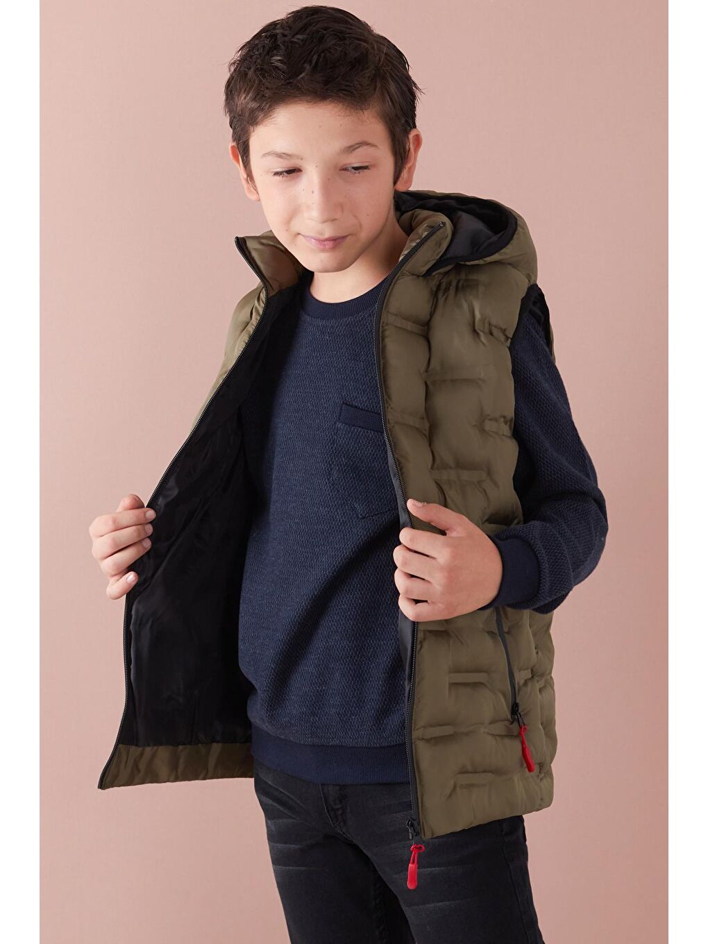 Haki Erkek Çocuk Desenli Kapüşonlu Şişme Yelek 14582-3