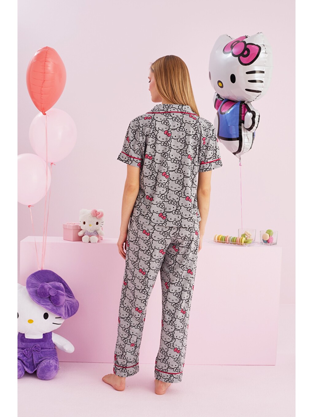 Gri Lisanslı %100 Pamuk Çok Renkli Düğmeli Biyeli Pijama Takım-2