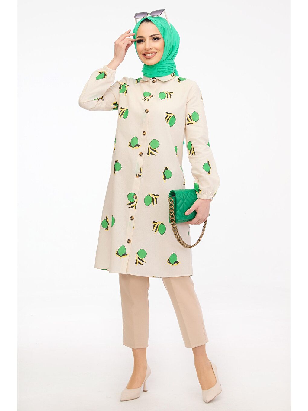 Gömlek Yaka Kadın Yeşil Tunik - 11380-1