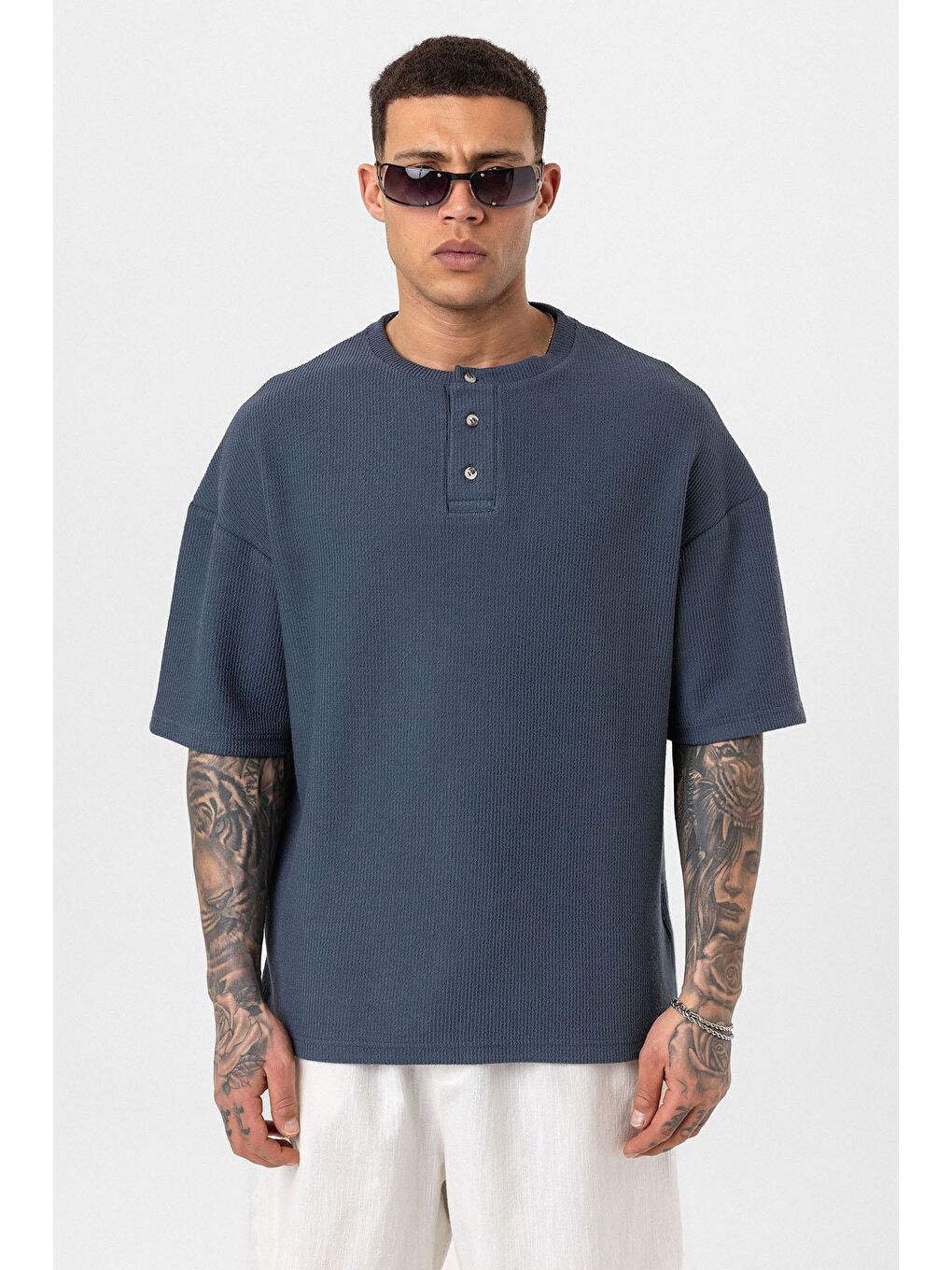 Düğmeli Yaka Oversize Tişört Petrol-2