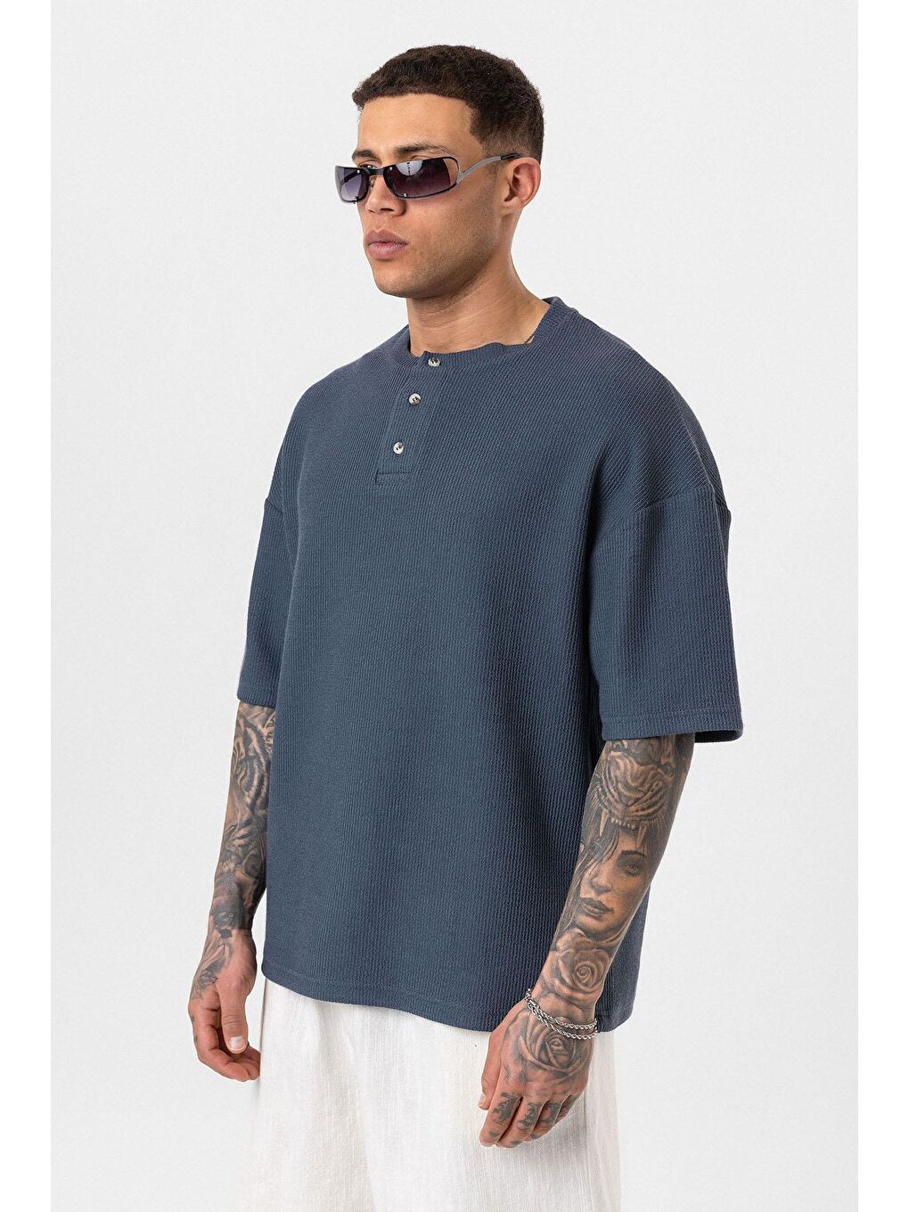 Düğmeli Yaka Oversize Tişört Petrol-3