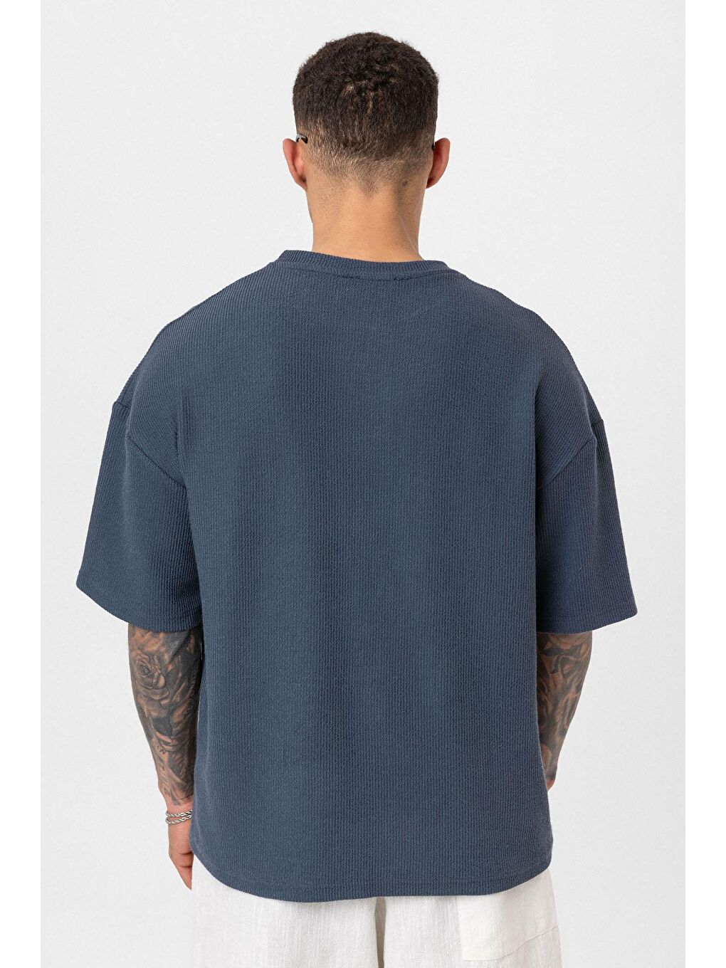 Düğmeli Yaka Oversize Tişört Petrol-4