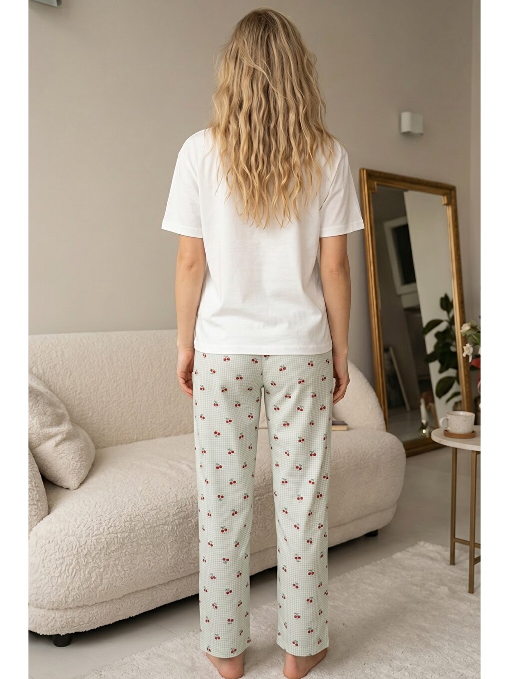 Karışık Yeşi̇l Ekose Kareli Üst Cep Nakışlı İnce Soft Örme Pijama Takımı 8041-2