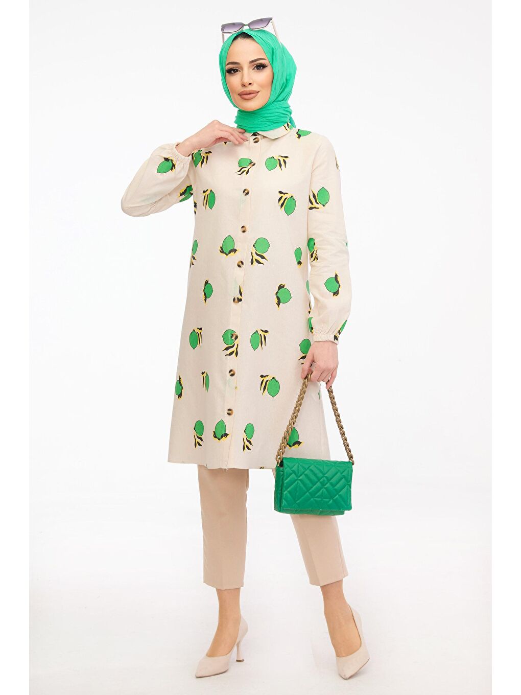 Gömlek Yaka Kadın Yeşil Tunik - 11380-4
