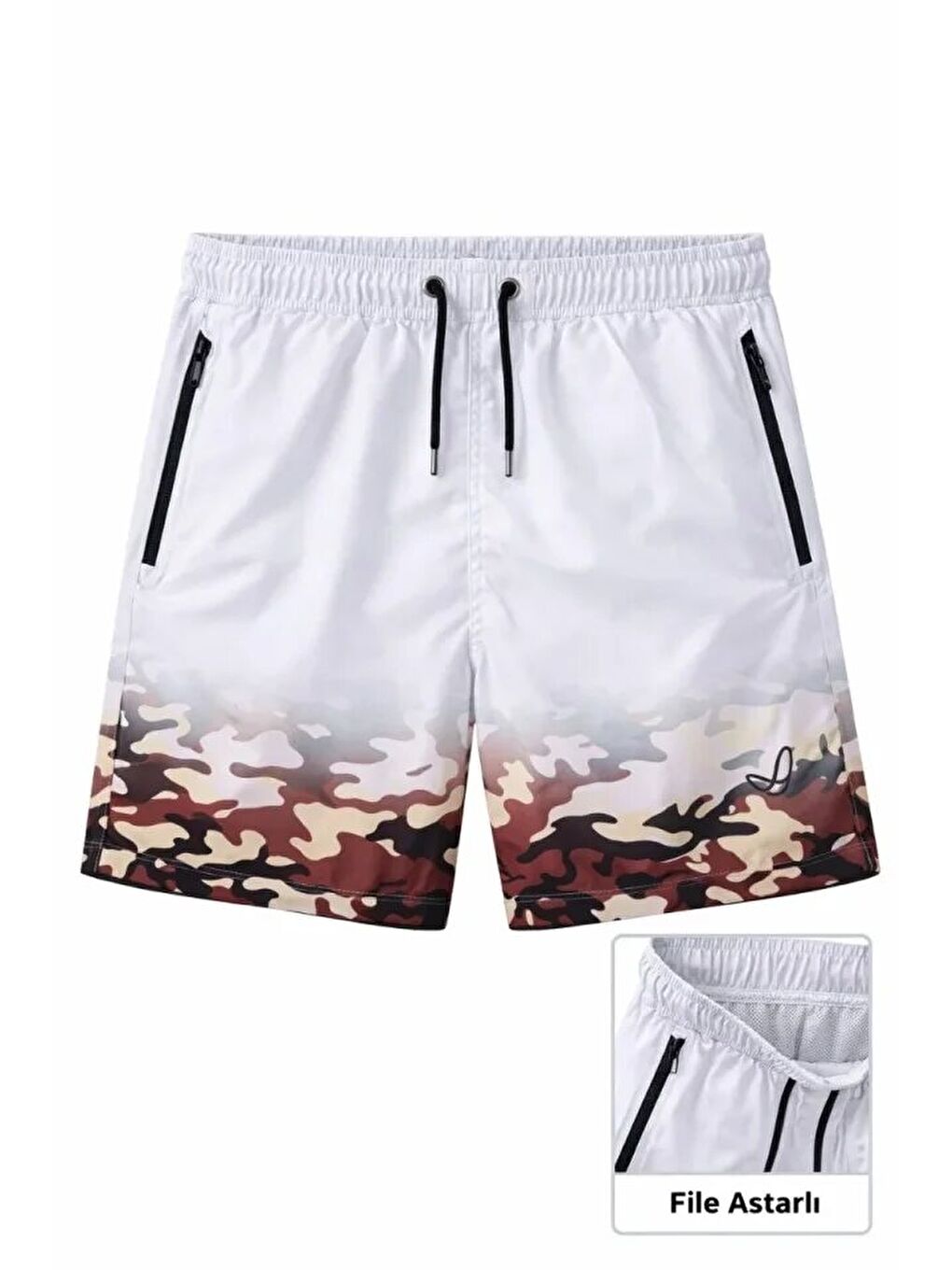 Erkek Deniz Şortu Fermuarlı Cepli File Astarlı Hızlı Kuruyan Premium - Beyaz