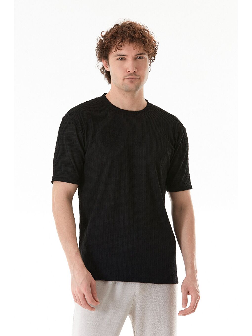 Siyah Waffle Kumaş Bisiklet Yaka Tişört