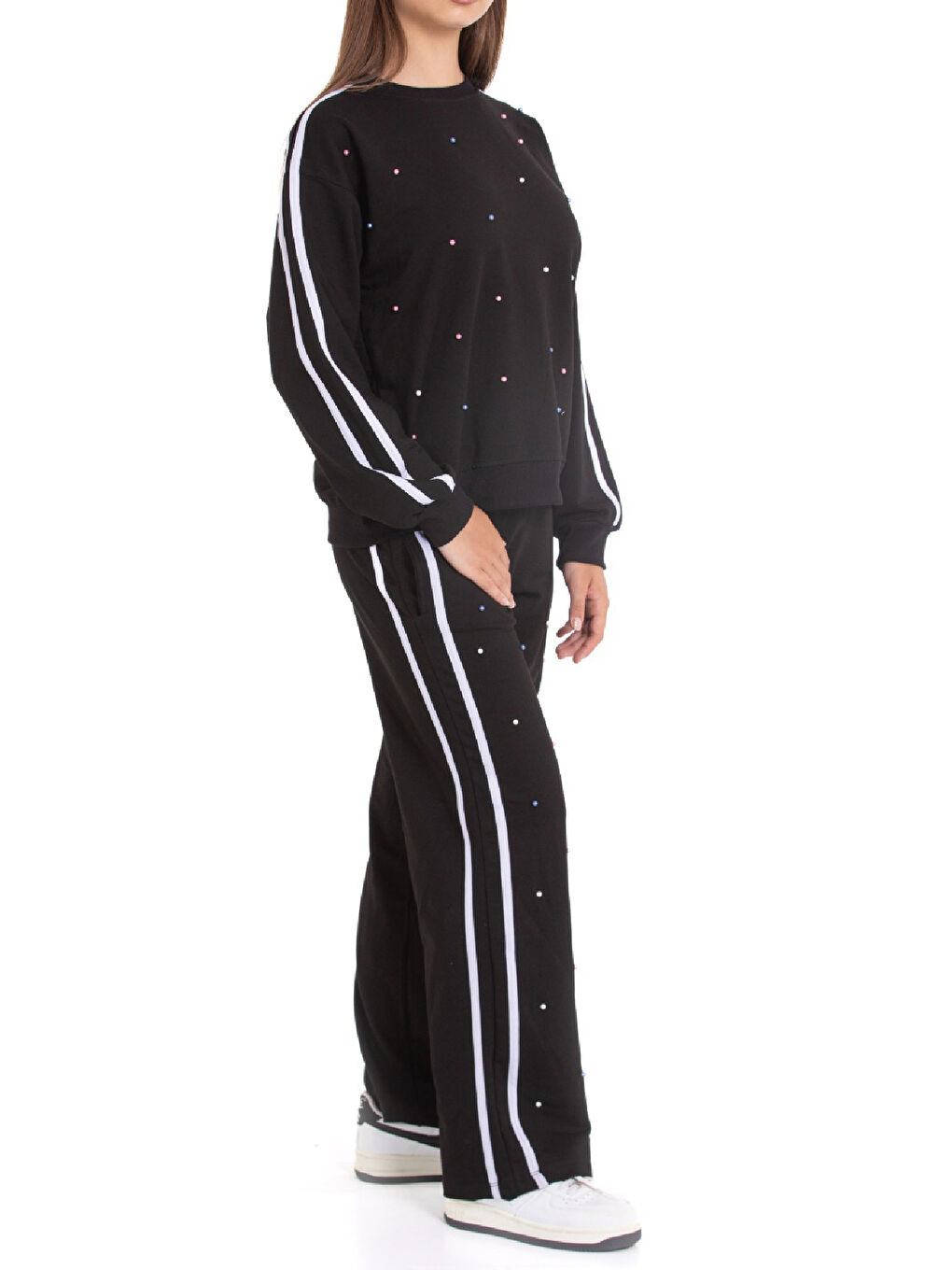 Siyah Kız Çocuk Boncuk Süslemeli 2 İplik Alt-Üst Takım 12222.1