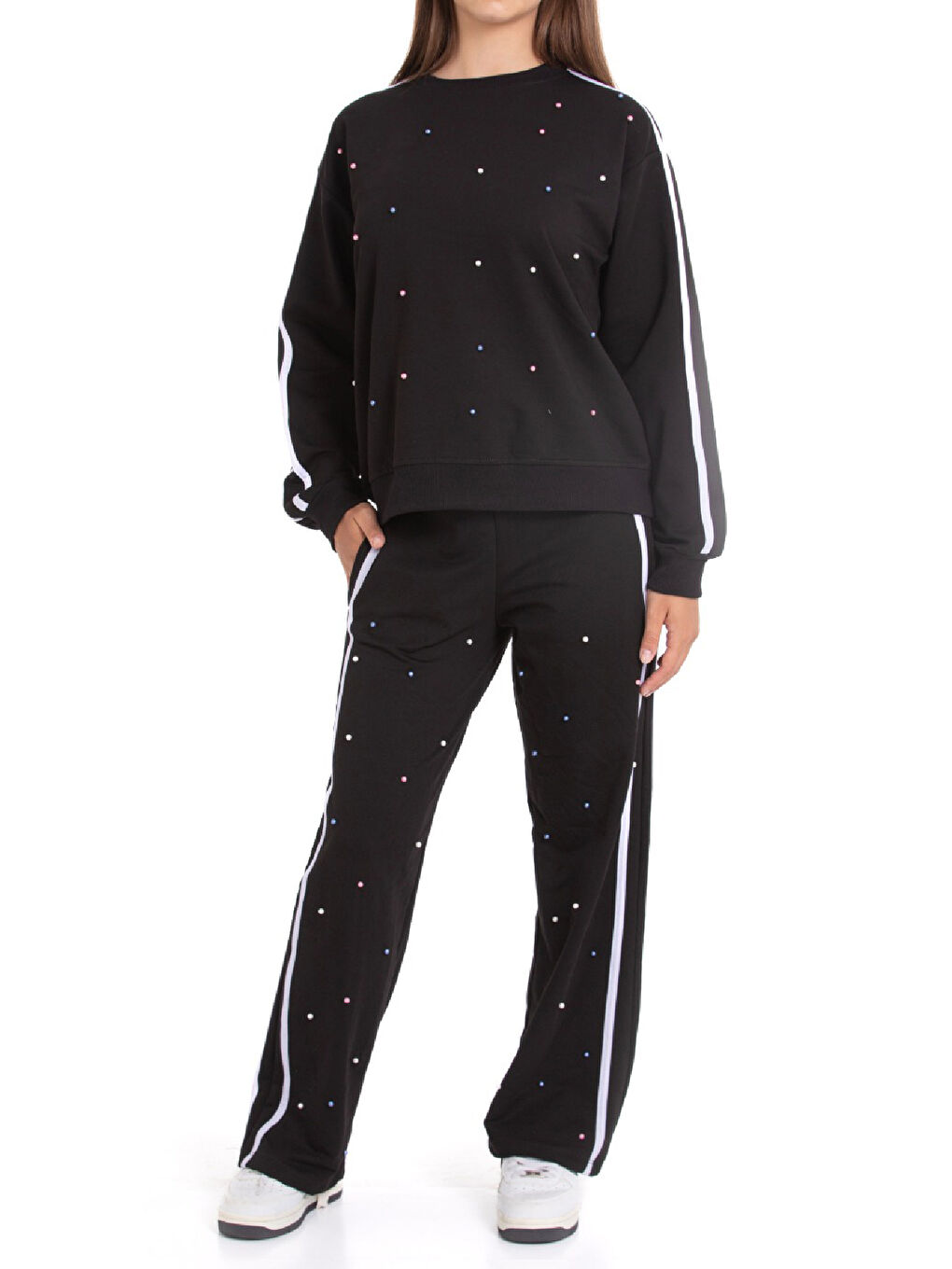 Siyah Kız Çocuk Boncuk Süslemeli 2 İplik Alt-Üst Takım 12222.1-1