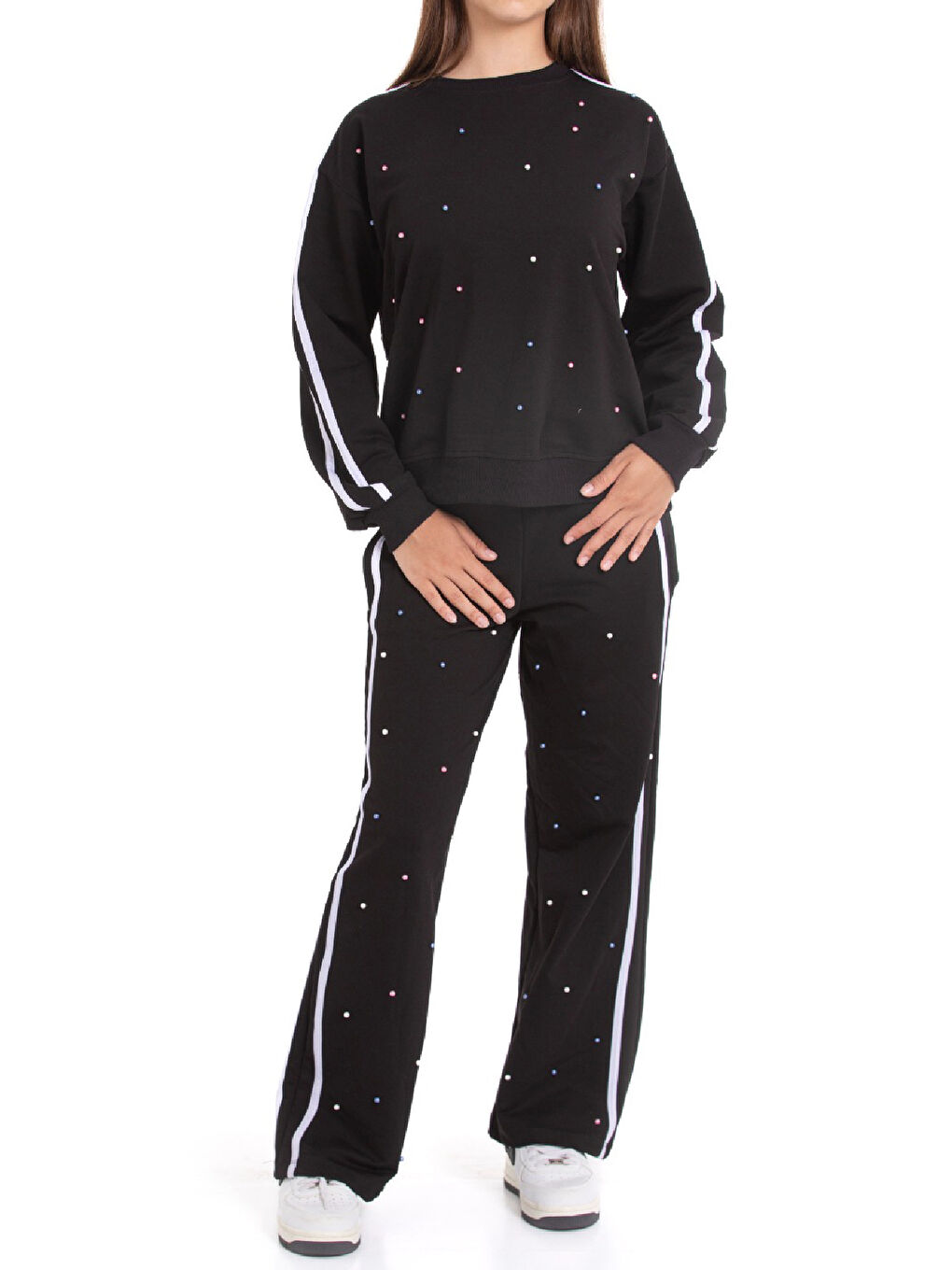 Siyah Kız Çocuk Boncuk Süslemeli 2 İplik Alt-Üst Takım 12222.1-2