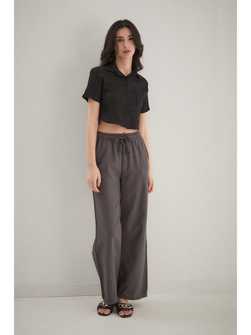 Antrasit Beli Lastikli Palazzo Keten Pantolon