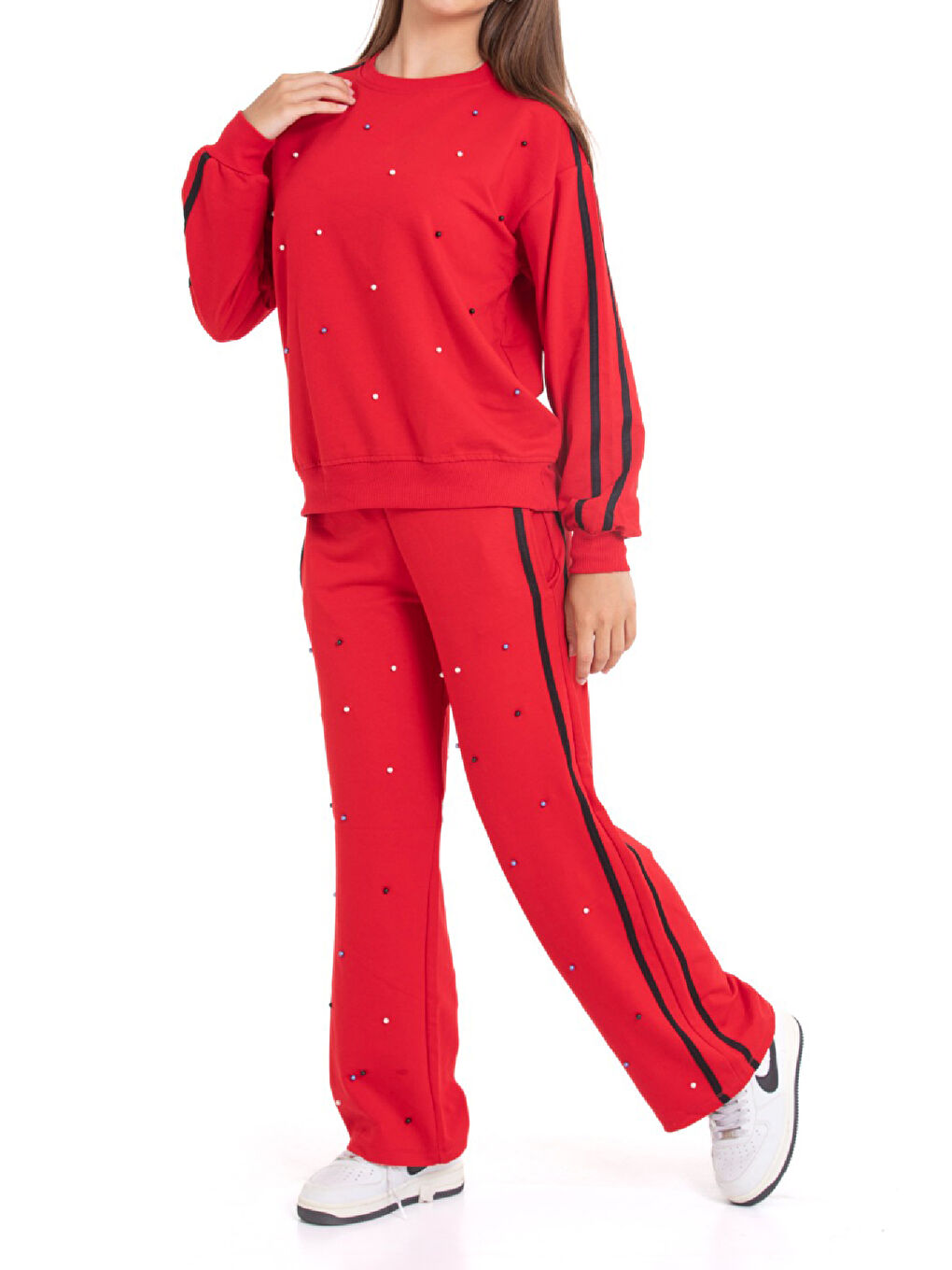 Kırmızı Kız Çocuk Boncuk Süslemeli 2 İplik Alt-Üst Takım 12222.1-1