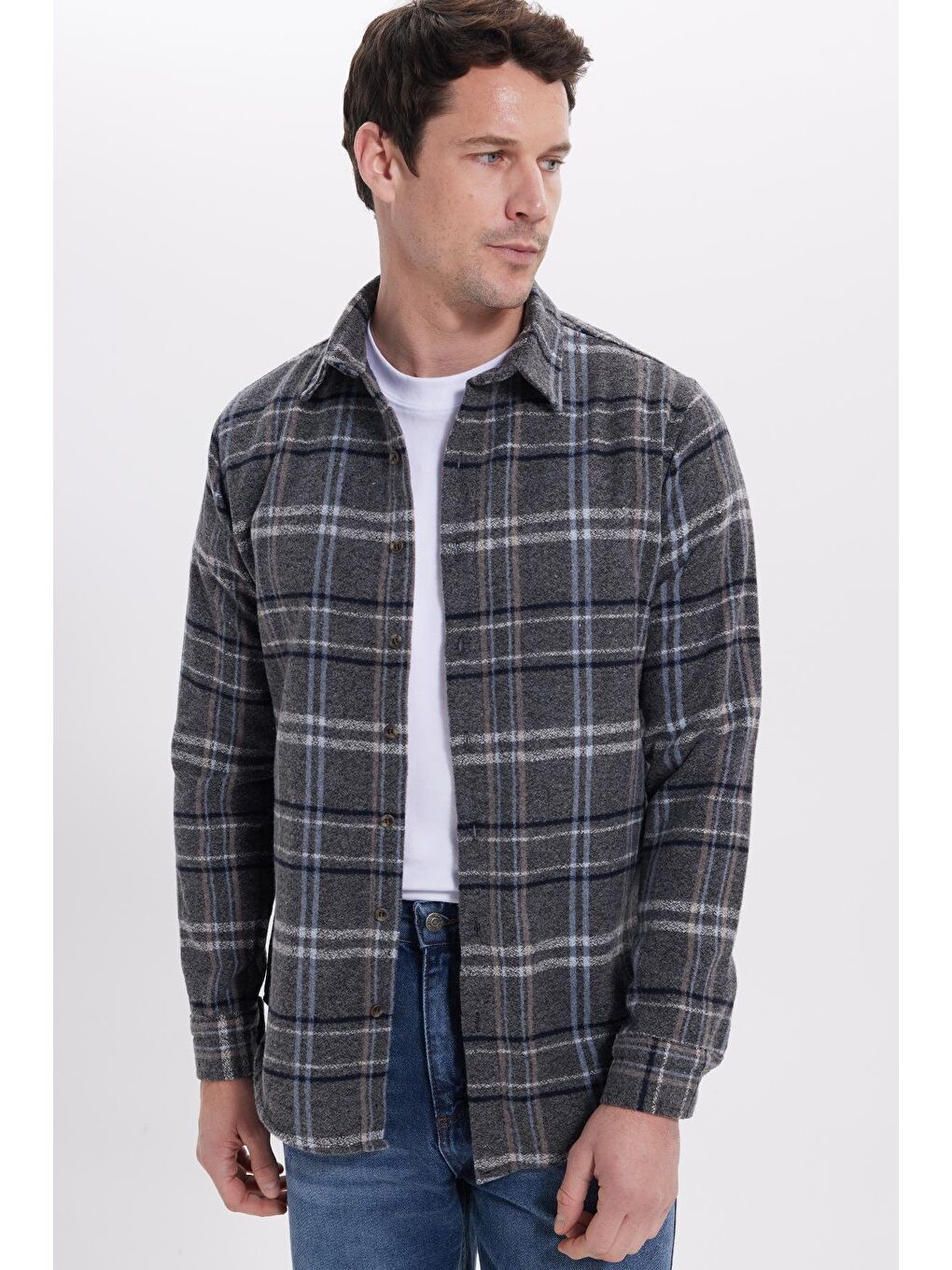 Gri Erkek Slim Fit Dar Kesim Kareli Kışlık Oduncu Gömlek-1