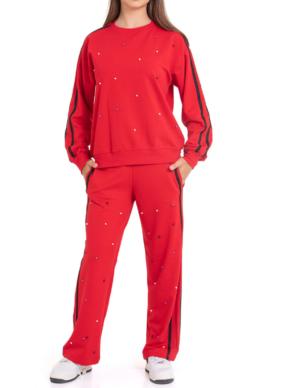 Kırmızı Kız Çocuk Boncuk Süslemeli 2 İplik Alt-Üst Takım 12222.1-2