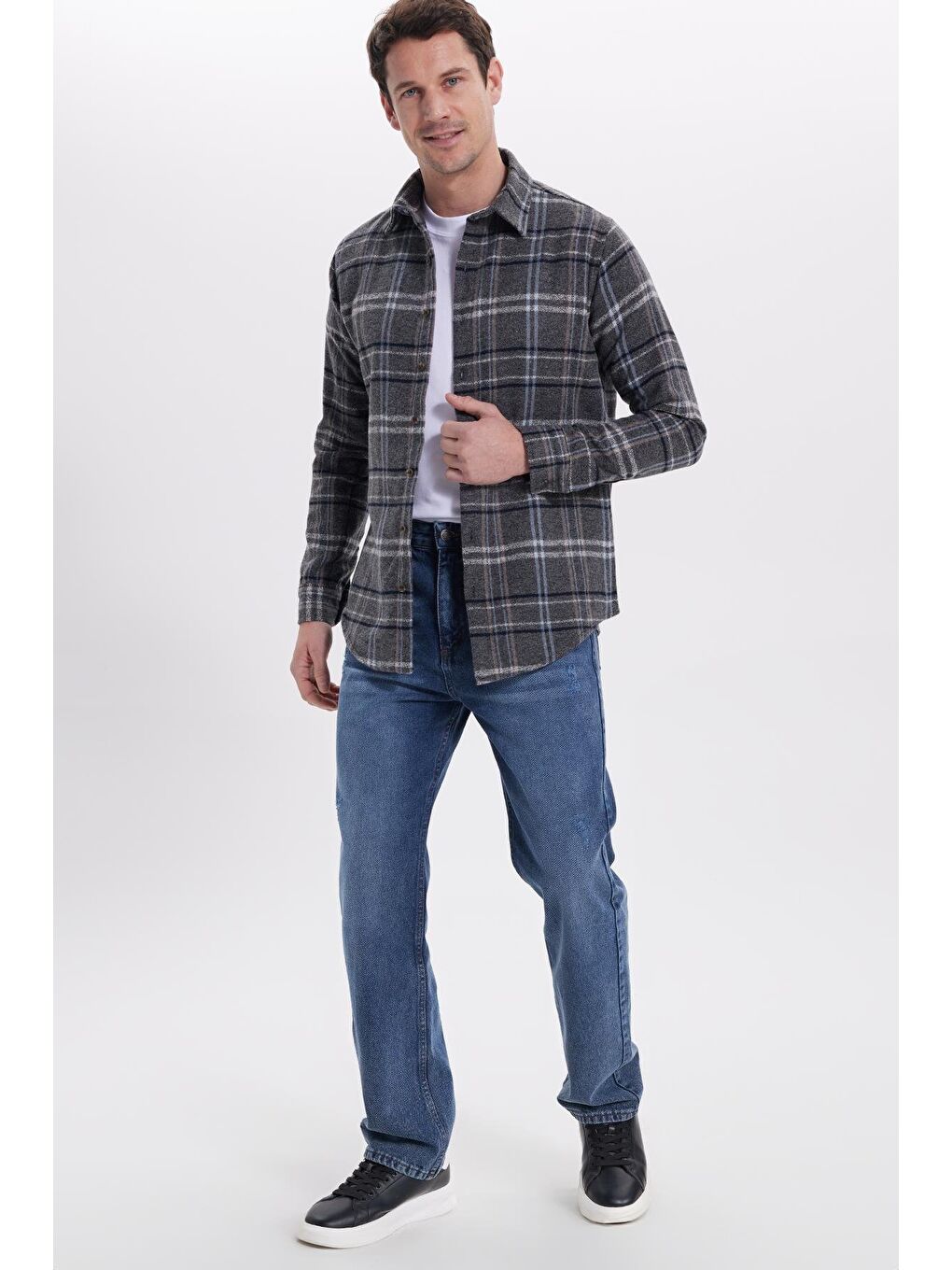 Gri Erkek Slim Fit Dar Kesim Kareli Kışlık Oduncu Gömlek-2