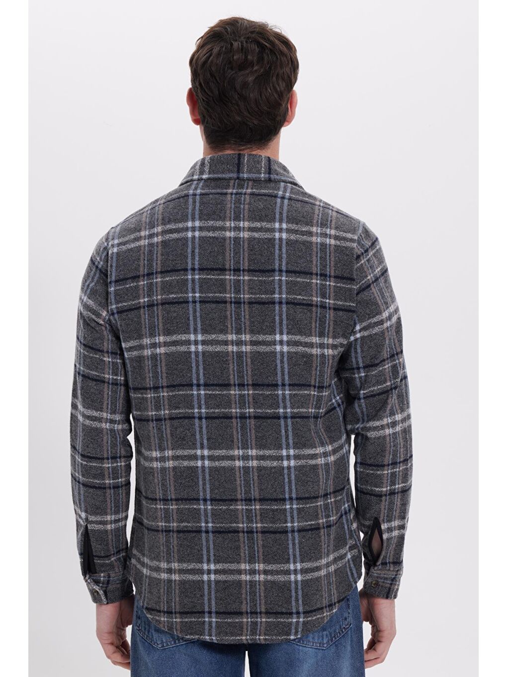 Gri Erkek Slim Fit Dar Kesim Kareli Kışlık Oduncu Gömlek-5