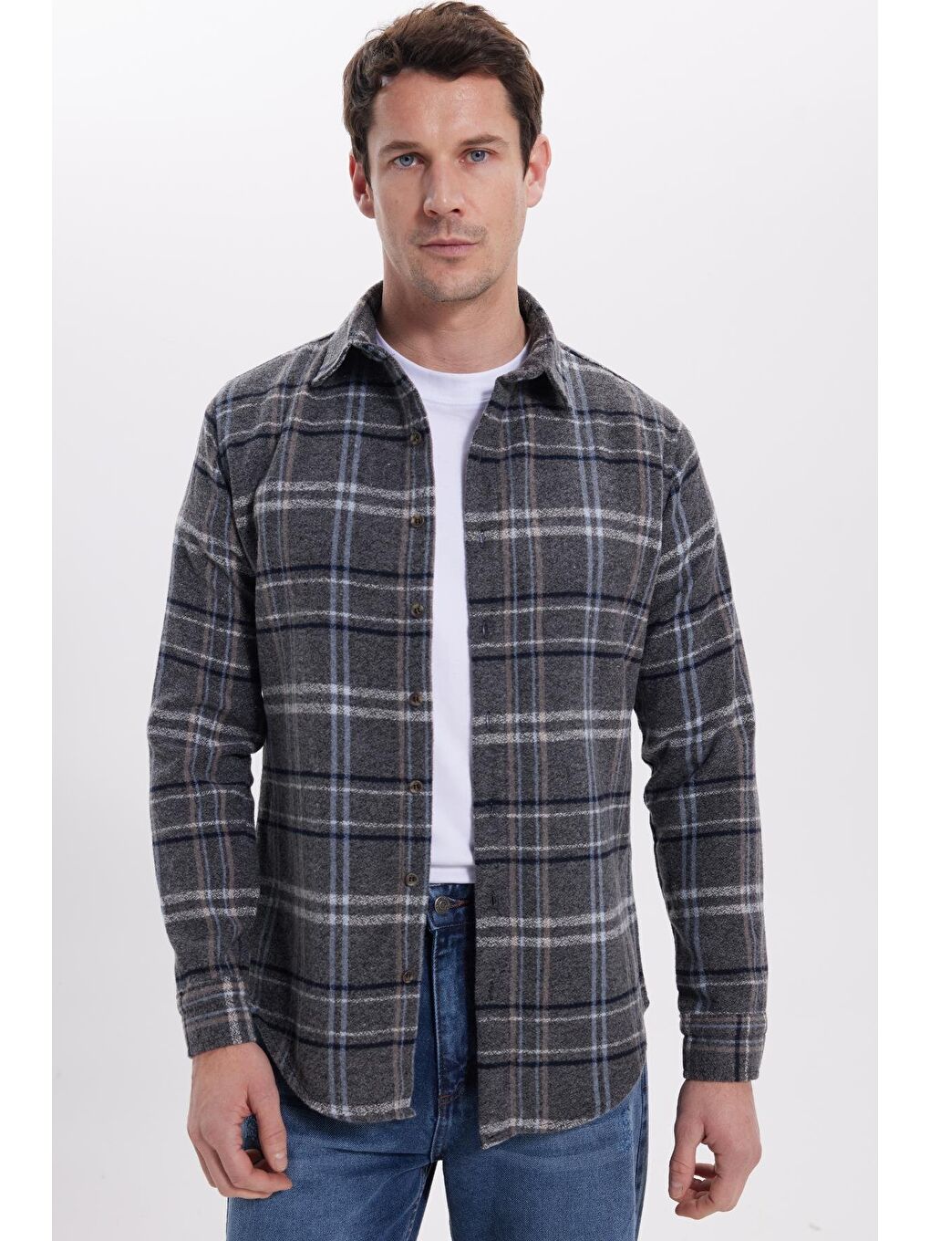Gri Erkek Slim Fit Dar Kesim Kareli Kışlık Oduncu Gömlek-6
