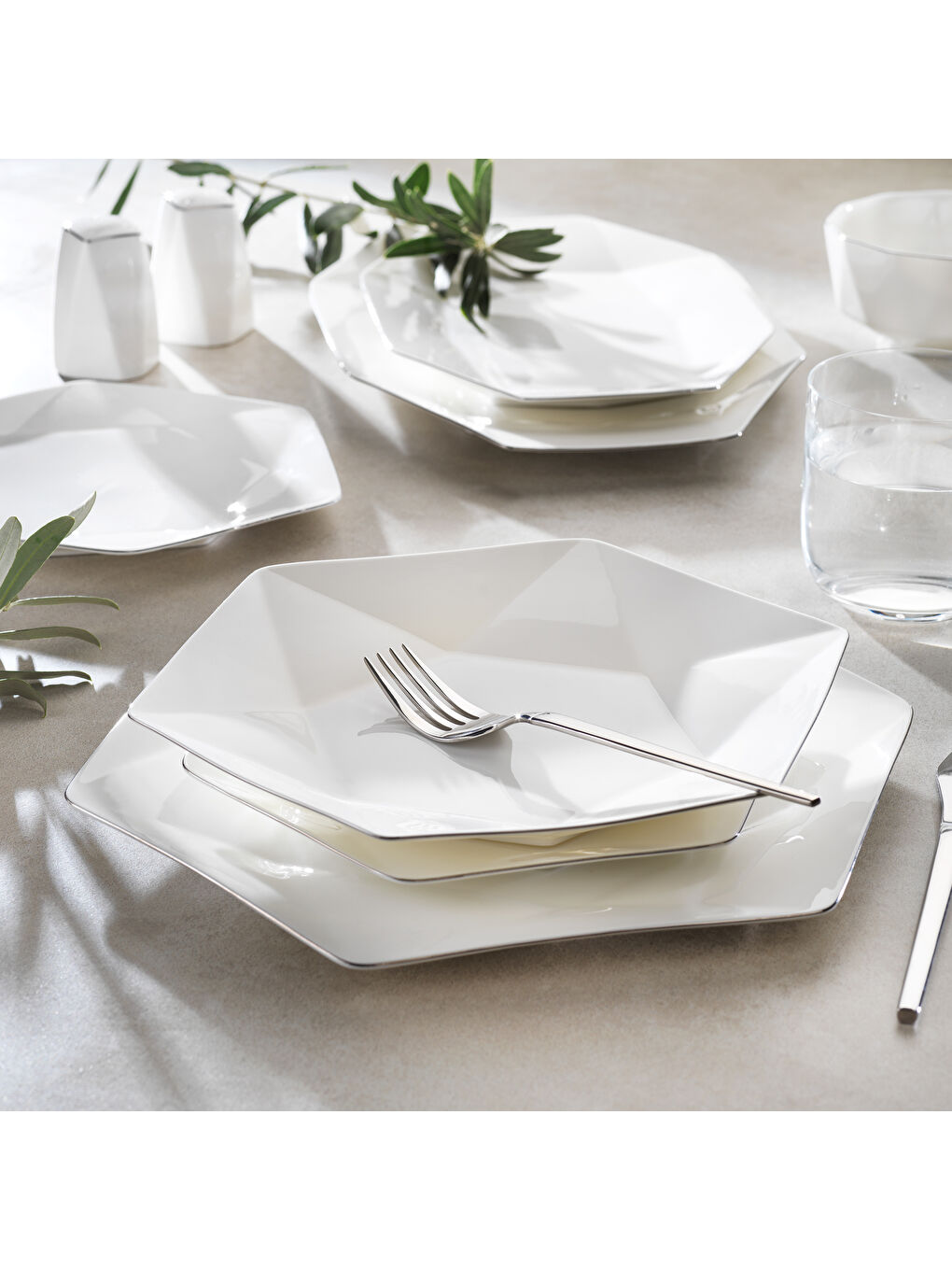 Beyaz Superfine Bone Star Yemek Takımı 56 Parça-Platin-1