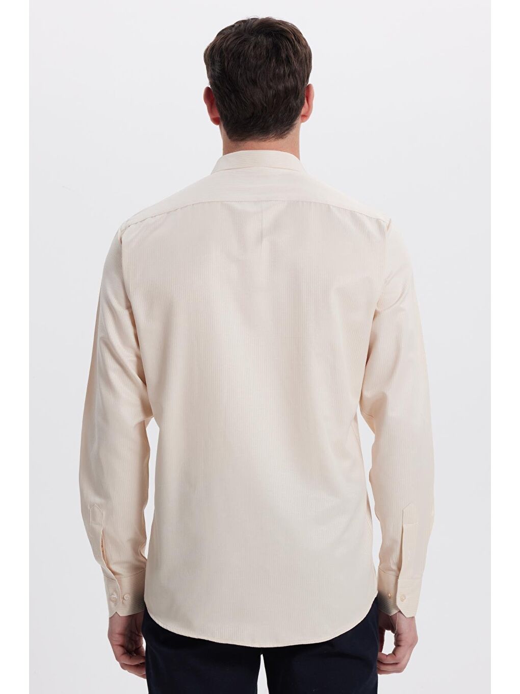 Modern Slim Fit Uzun Kollu Pamuklu Kolay Ütü Armürlü Bej Erkek Gömlek-7