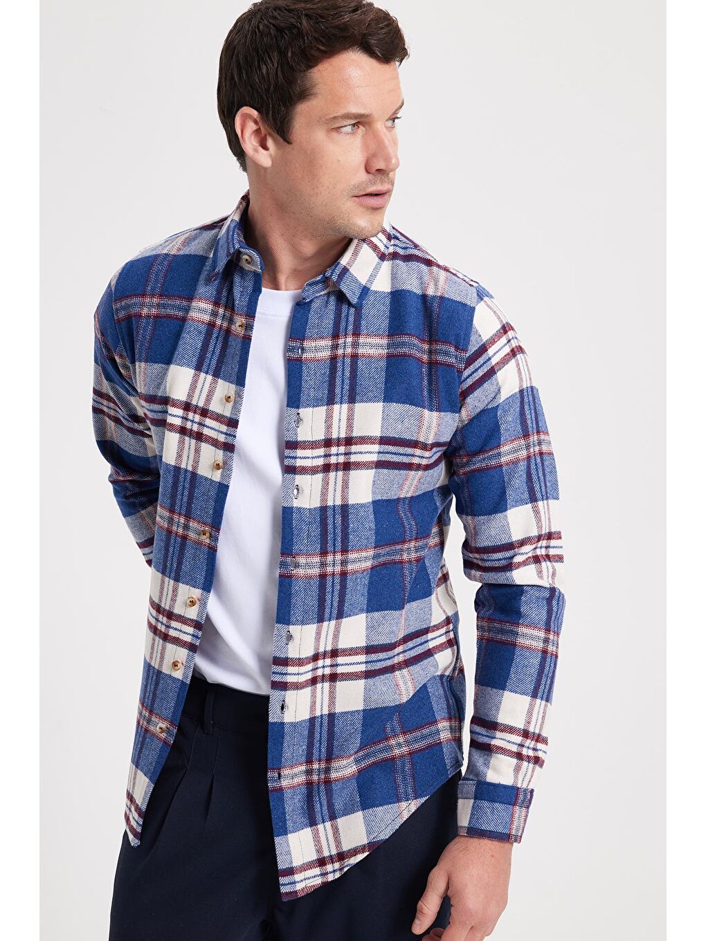 Mavi Erkek Slim Fit Dar Kesim Kareli Kışlık Oduncu Gömlek-1