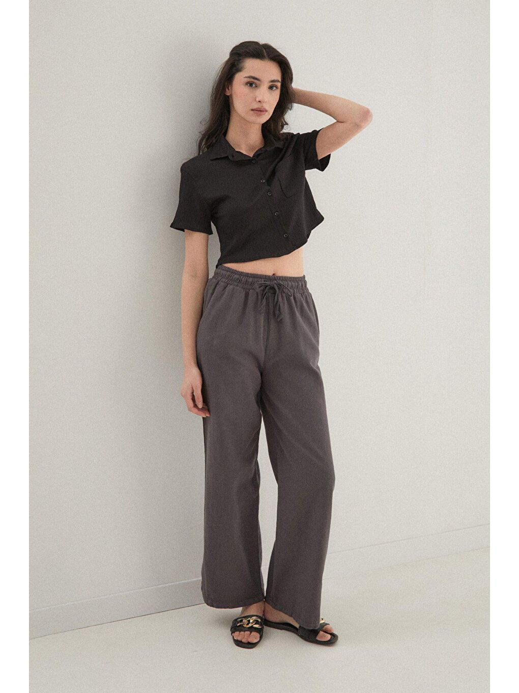 Antrasit Beli Lastikli Palazzo Keten Pantolon-2