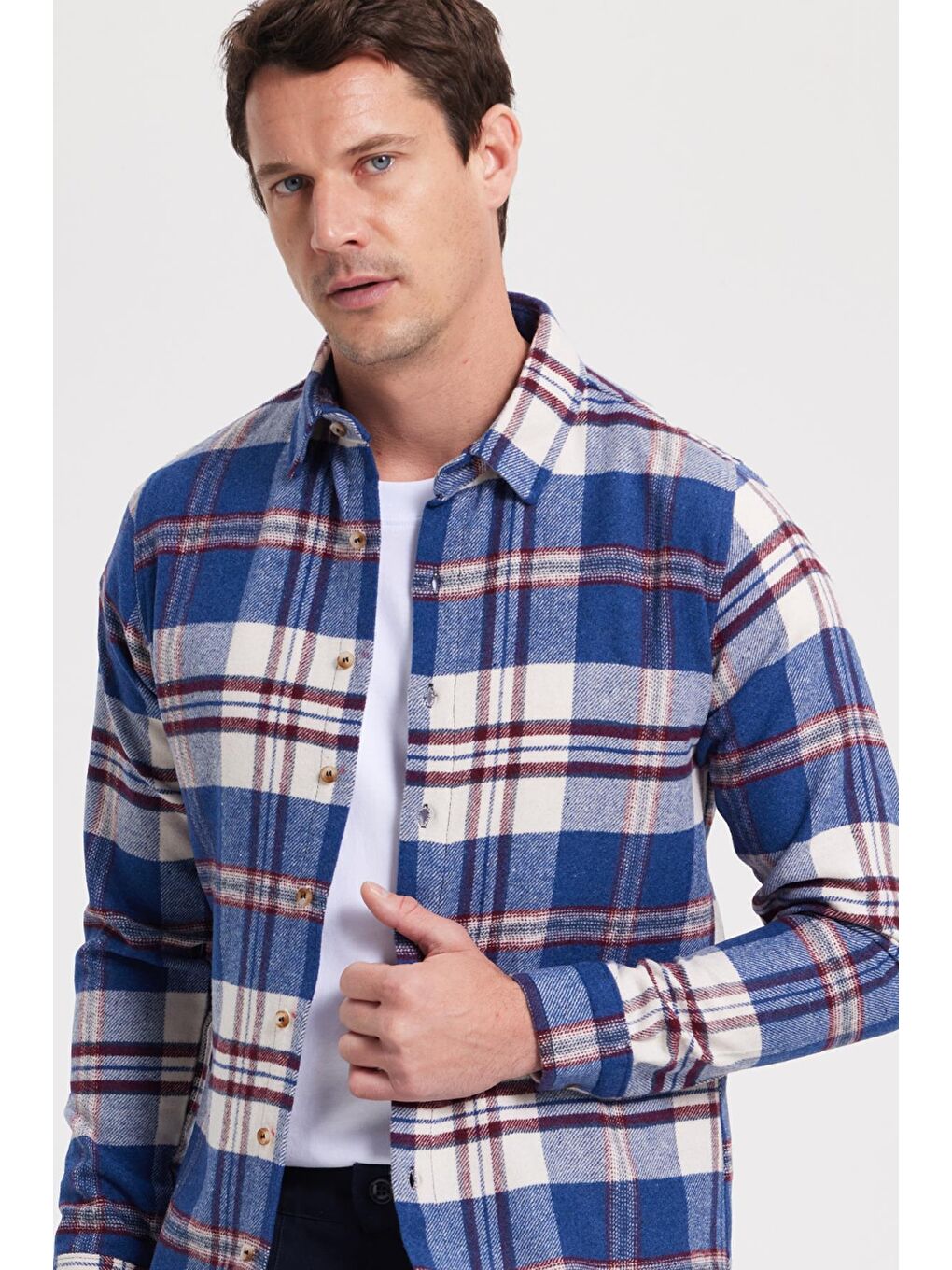 Mavi Erkek Slim Fit Dar Kesim Kareli Kışlık Oduncu Gömlek-6