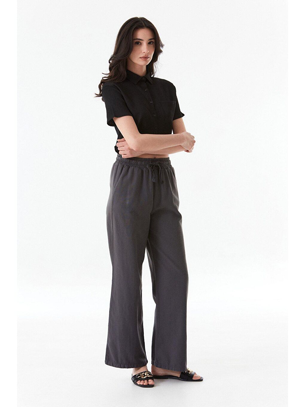 Antrasit Beli Lastikli Palazzo Keten Pantolon-4