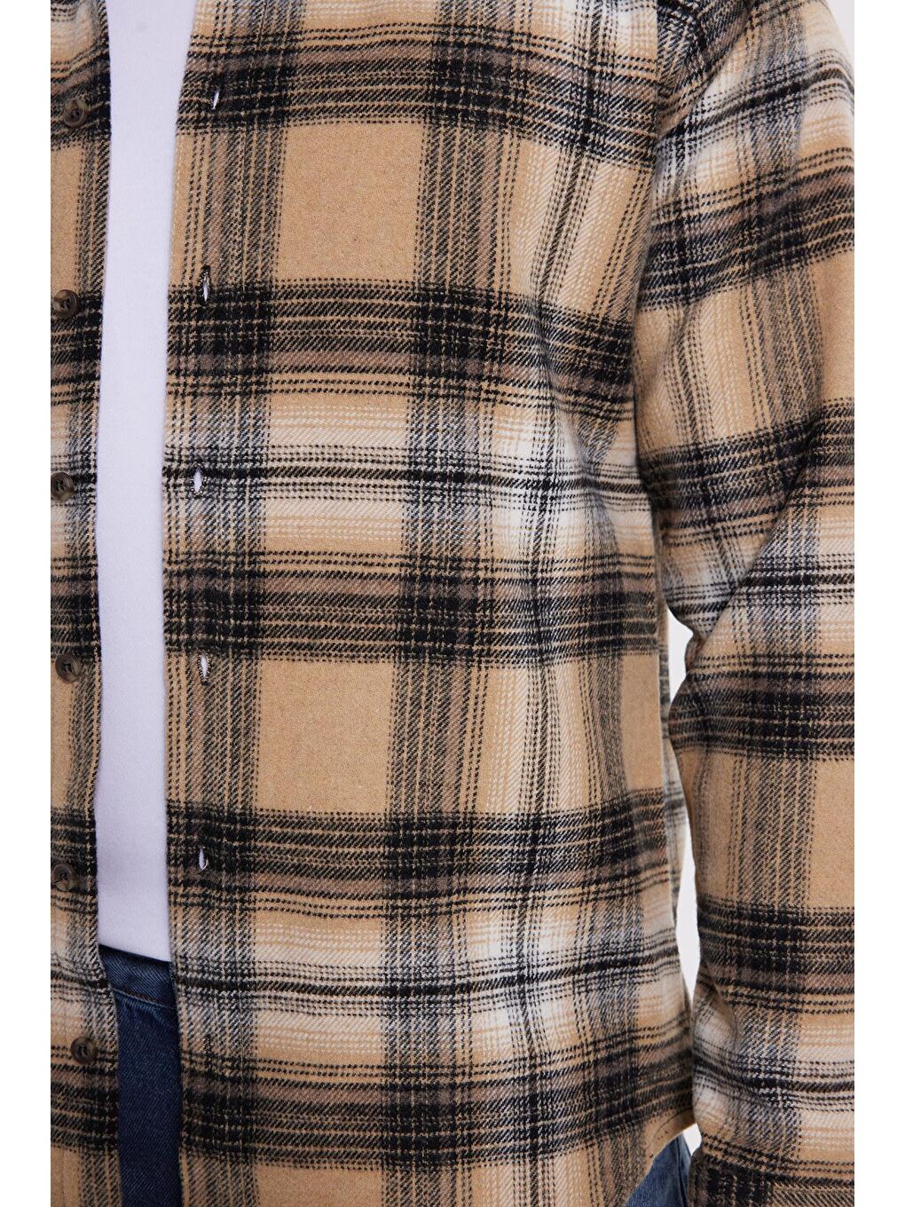 Kahverengi Erkek Slim Fit Dar Kesim Kareli Kışlık Oduncu Gömlek-3