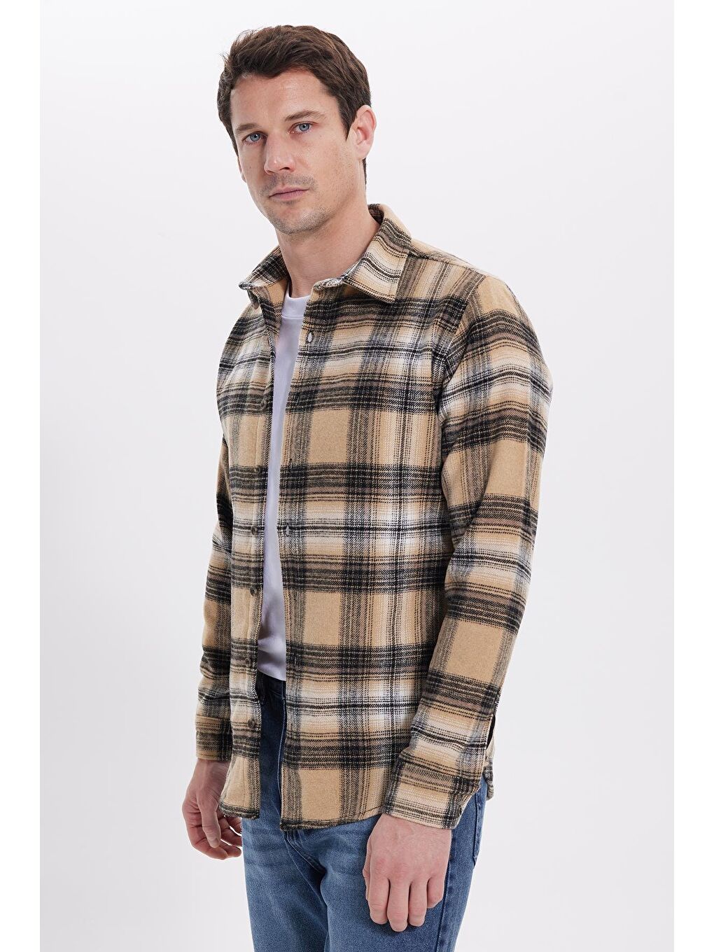 Kahverengi Erkek Slim Fit Dar Kesim Kareli Kışlık Oduncu Gömlek-6