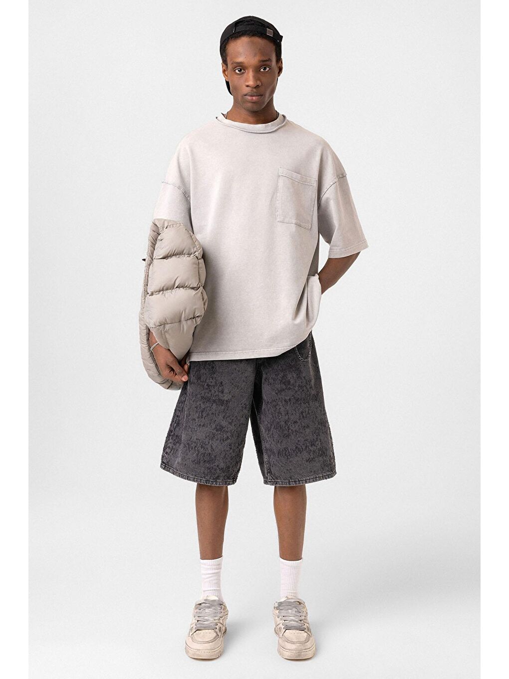 Bej Yıkamalı Oversize Cepli Tişört Taş