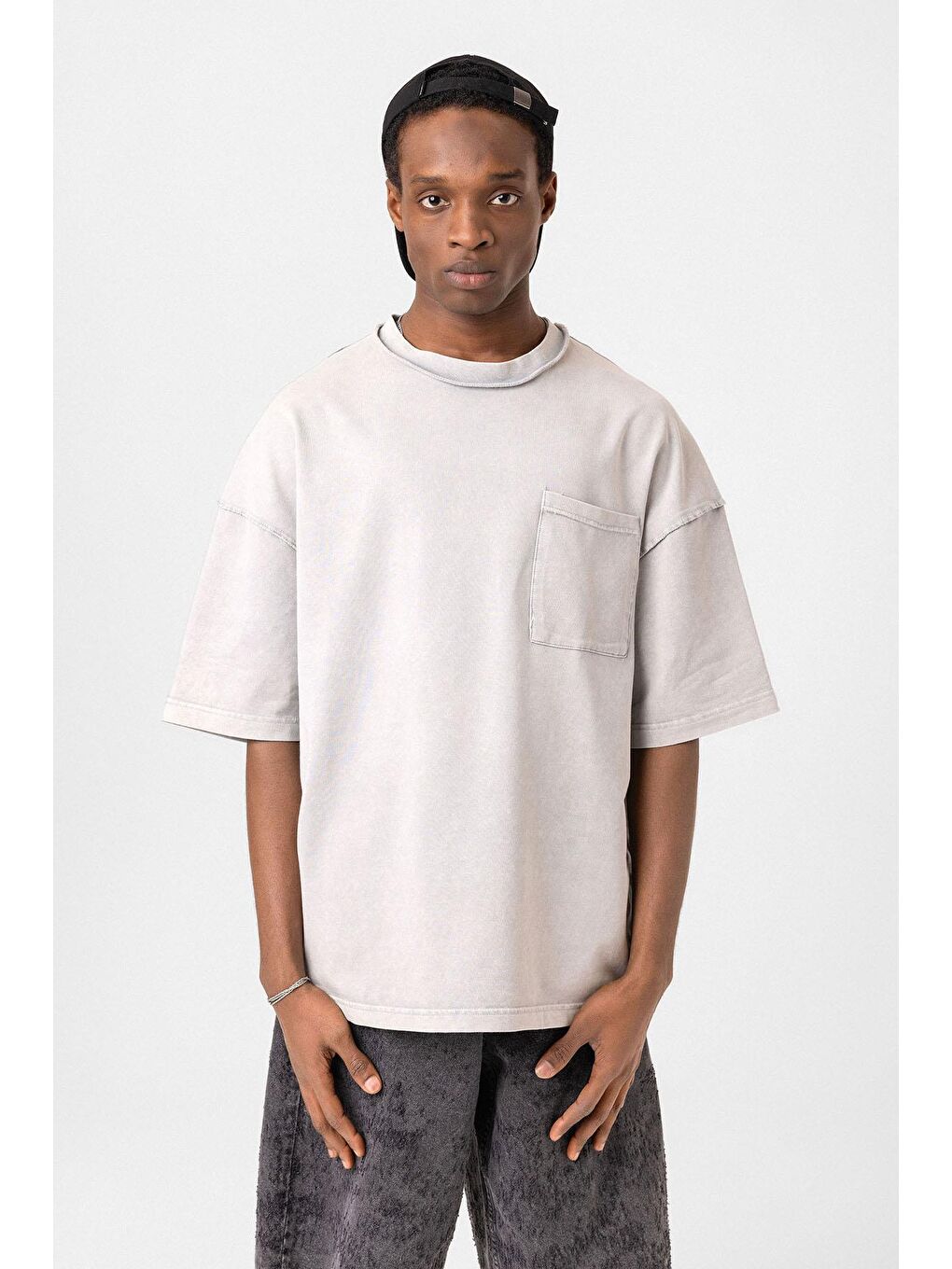 Bej Yıkamalı Oversize Cepli Tişört Taş-2