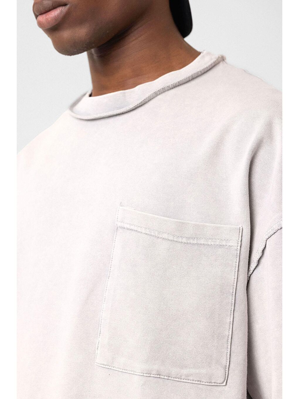 Bej Yıkamalı Oversize Cepli Tişört Taş-5
