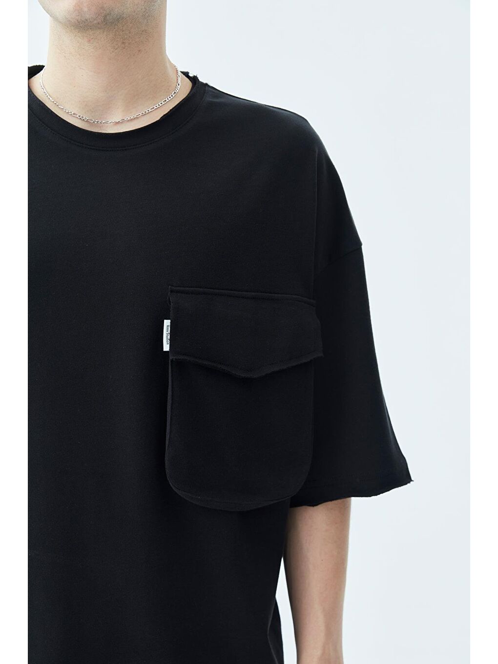 Cep Detaylı Oversize Tişört Siyah-1